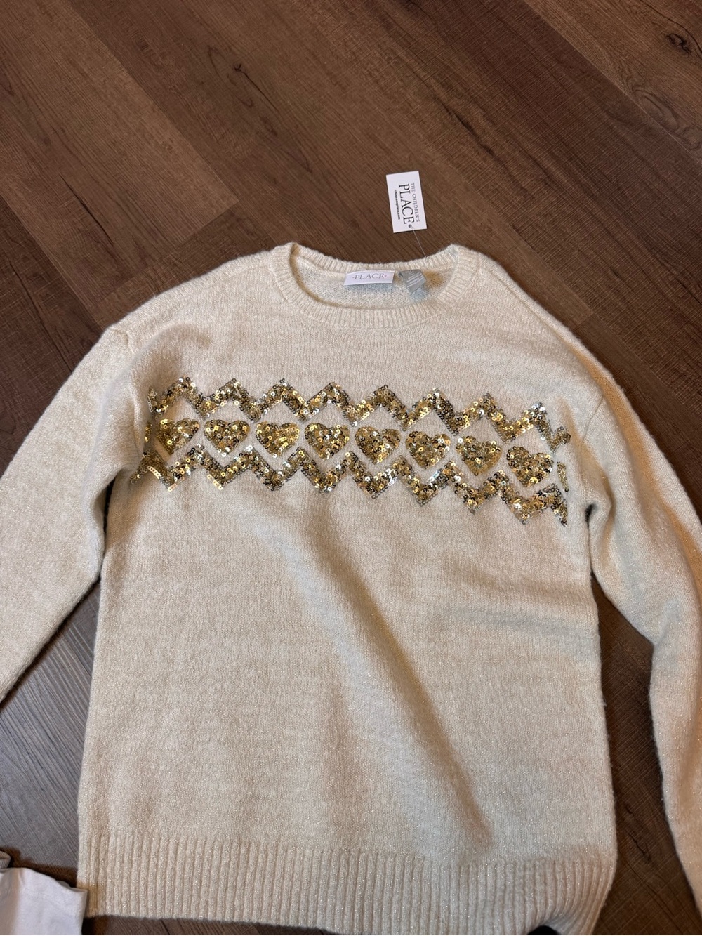 Place Cream Crewneck Sweater with Gold Sequin Hearts
